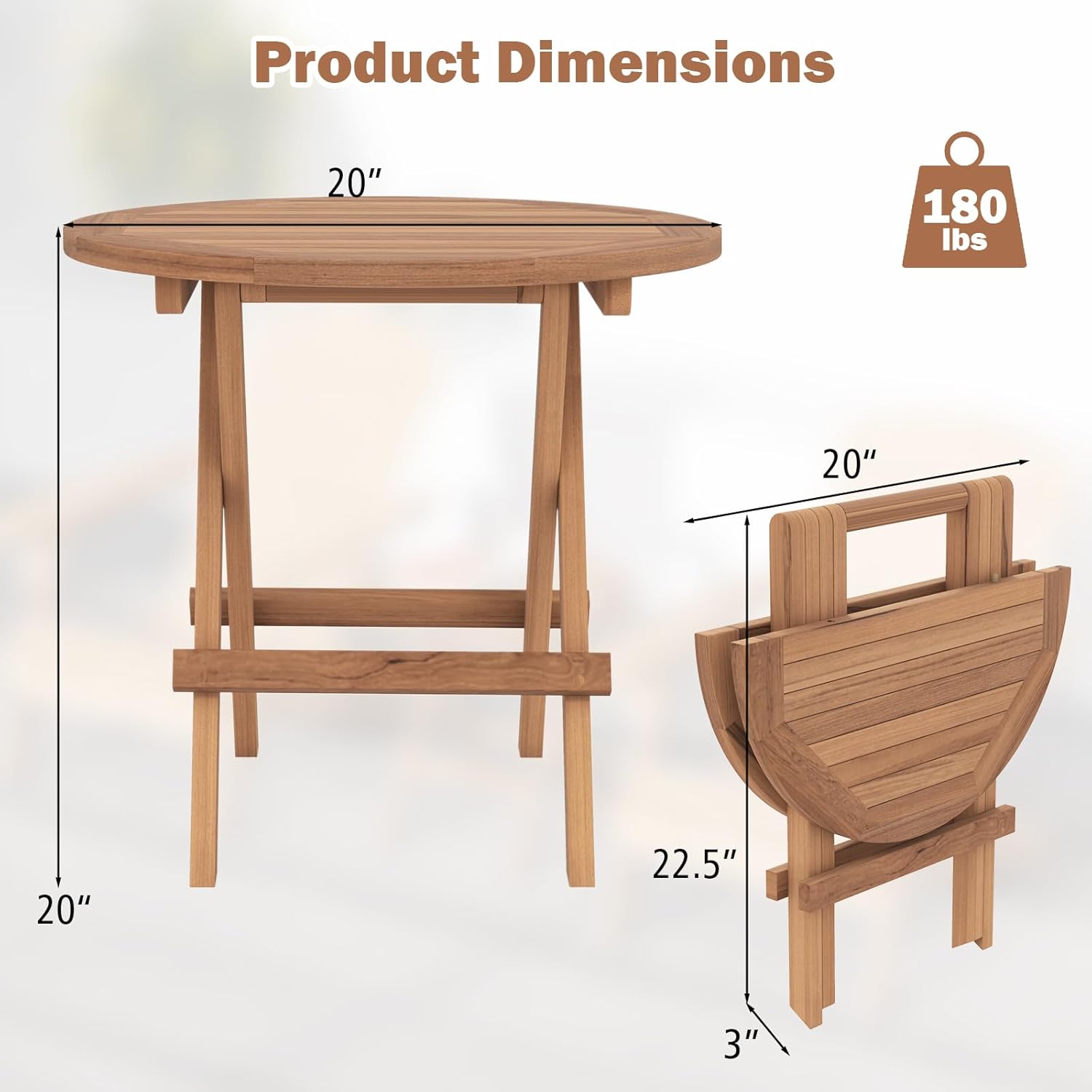 Tangkula Mesa auxiliar plegable para patio, mesa auxiliar redonda de madera de teca con mesa de listones, marco de madera resistente en forma de X,