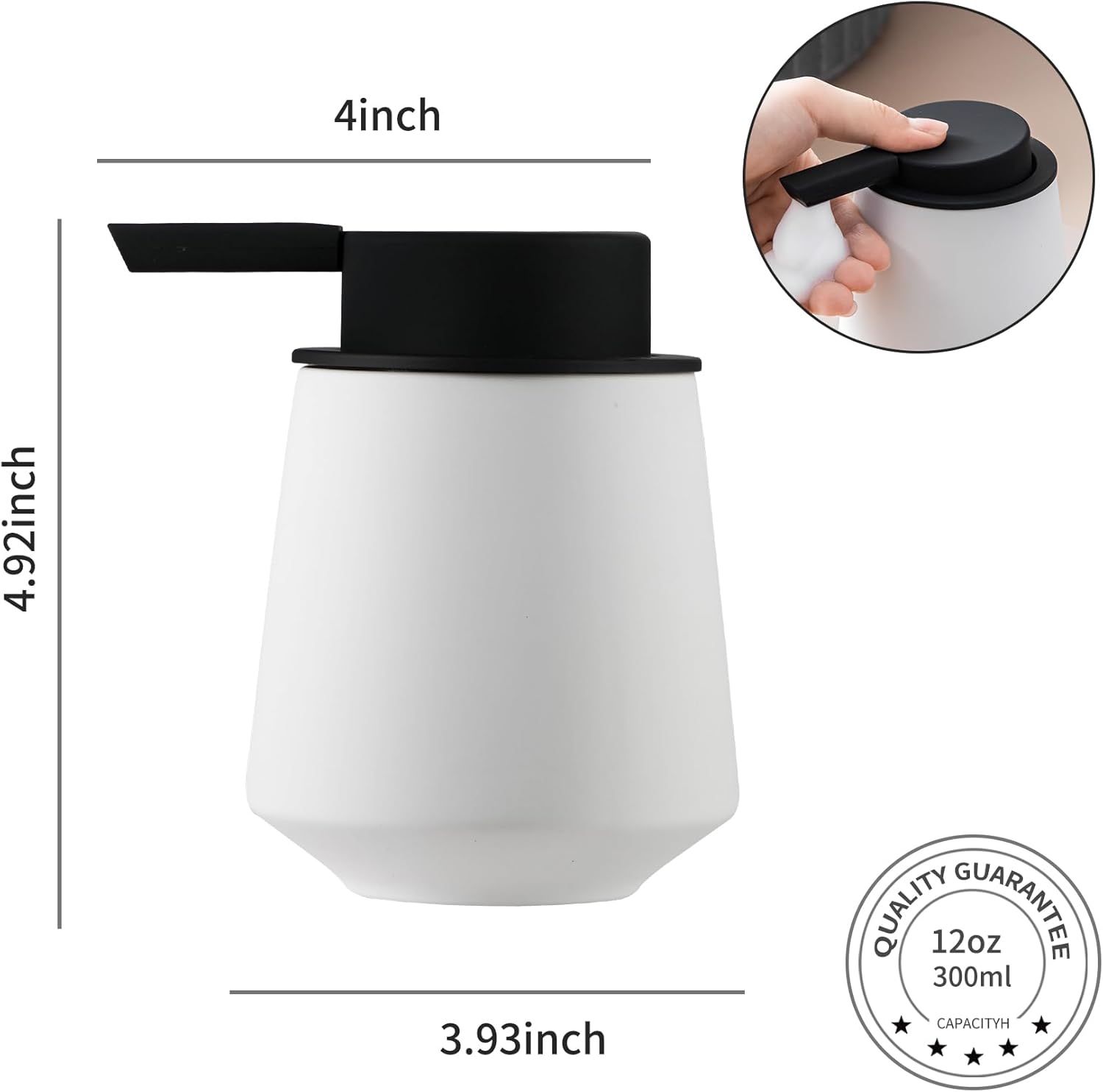 Dispensador de jabón espumoso, dispensador de jabón de manos de cerámica de 12 oz11.8 fl oz para baño, dispensador de jabón líquido pequeño blanco