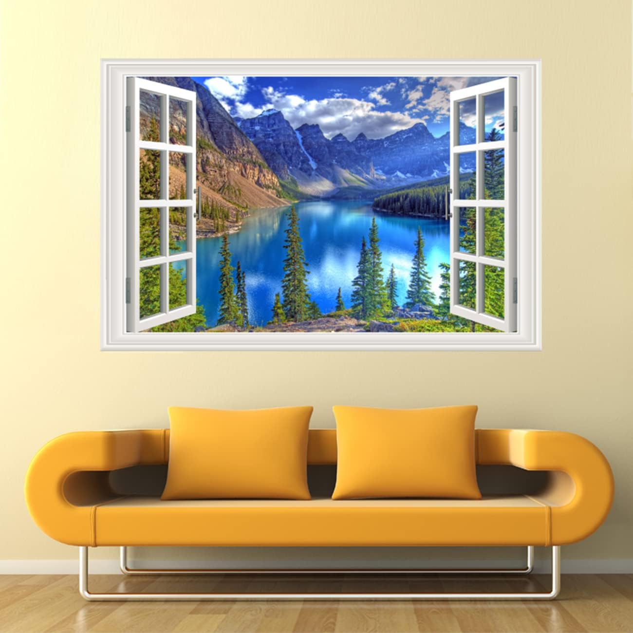 Pintura autoadhesiva 3D, calcomanías de pared falsas para ventana, isla tropical con palmeras, mural de pared, vista de ventana, decoración de pared