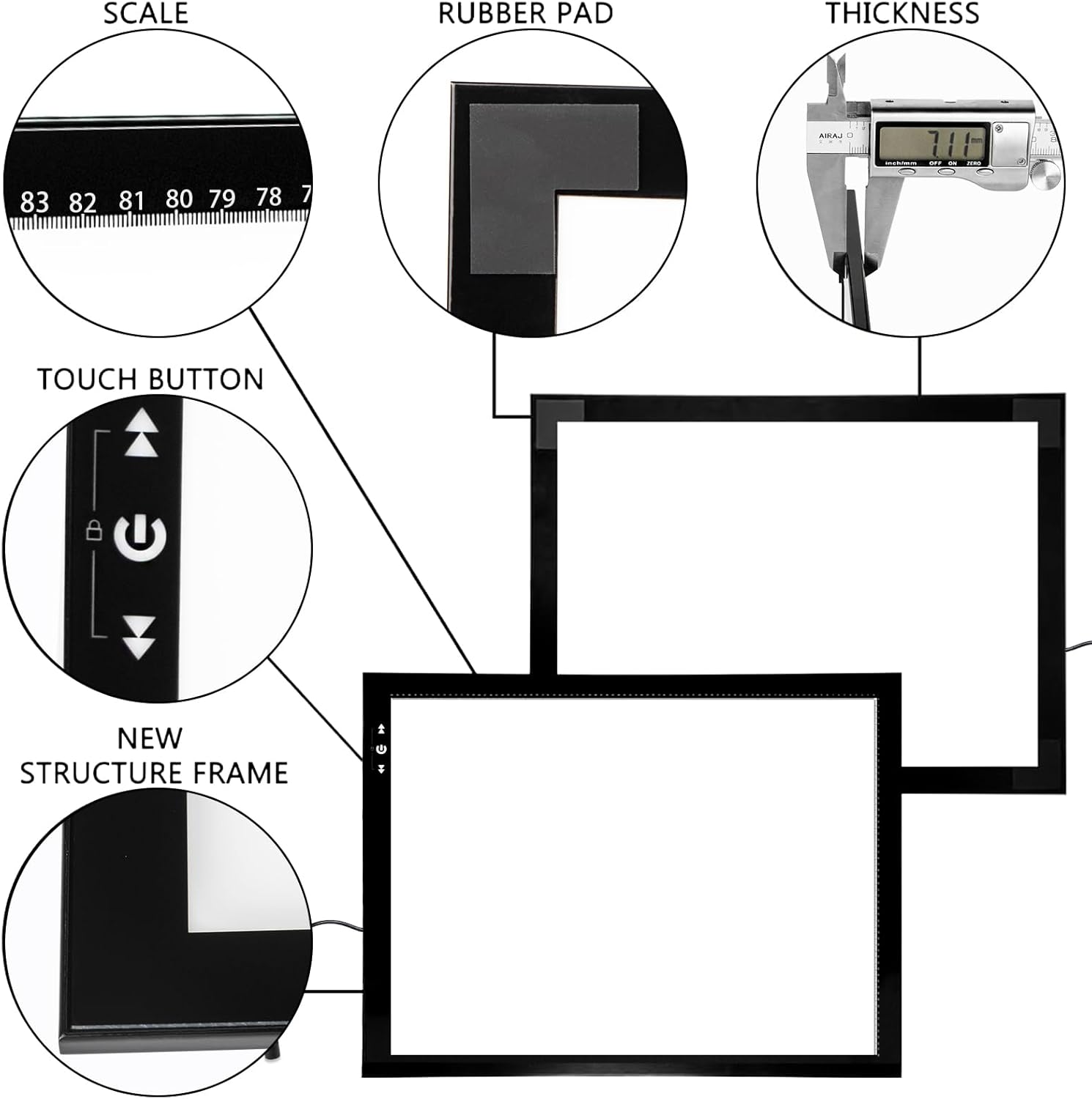 HSK A1 Artist Light Box Light Pad Marco de aluminio Super Delgado 0.260 in BloqueoDesbloqueo táctil Botón de atenuación 20W LED súper brillante 4500