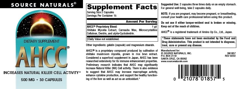 Source Naturals AHCC 500 mg aumenta la actividad natural de las células asesinas – 30 cápsulas