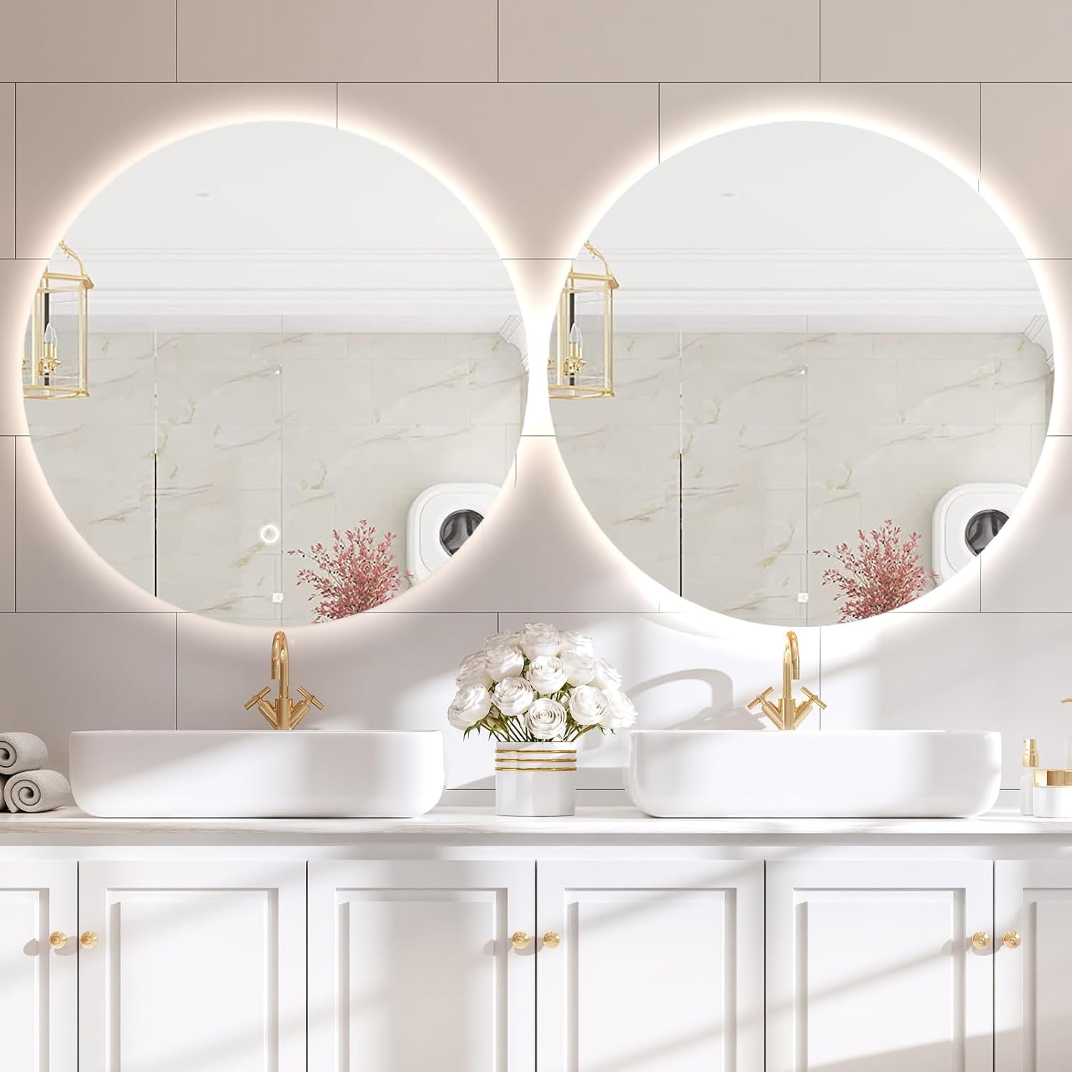 Espejo LED para baño de 24 pulgadas, retroiluminado con luces, táctil regulable inteligente, 3 modos de color, a prueba de roturas, redondo