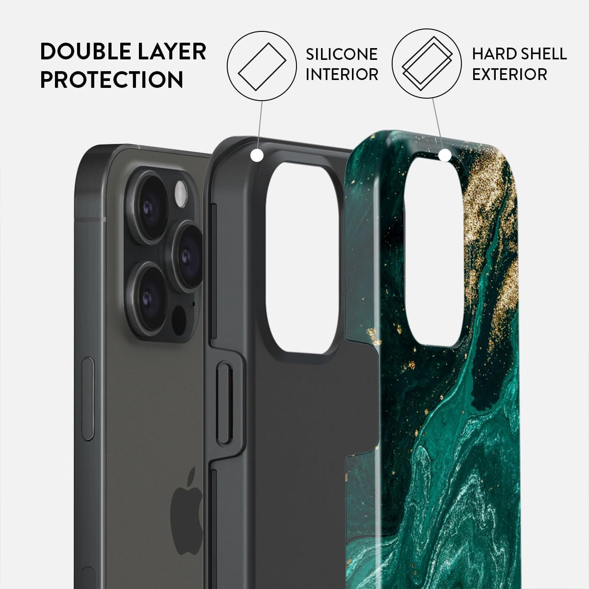 BURGA Funda para teléfono compatible con iPhone 15 PRO  Carcasa rígida híbrida de 2 capas + funda protectora de silicona  Piedra de jade verde