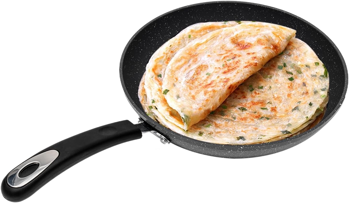 HuaShuani Sartén antiadherente de 11.02 pulgadas, sartén de granito antiadherente, utensilios de cocina de piedra con tapa y asa, tapa de vidrio