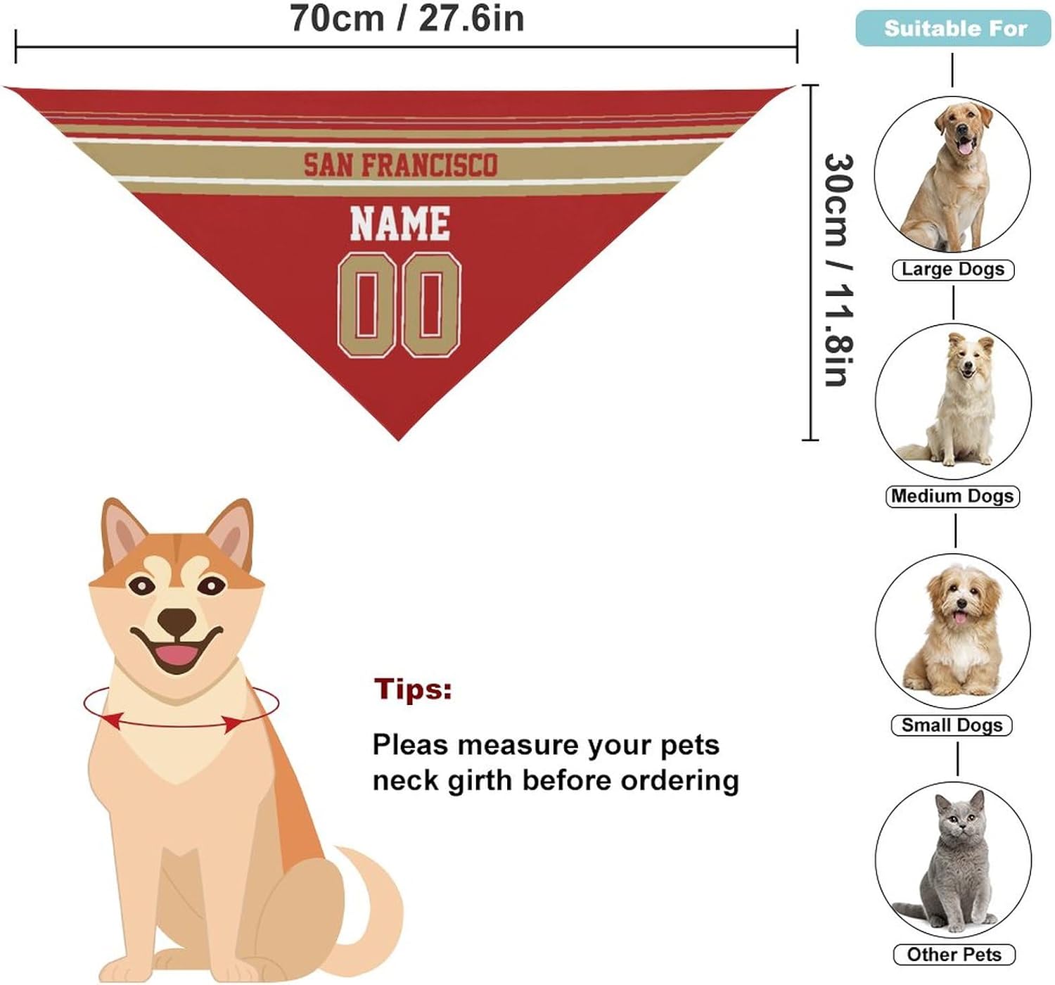 San Francisco – Bandana personalizada para perro, diseño personalizado con nombre, número de perro, bufanda de fútbol para perros, regalos para