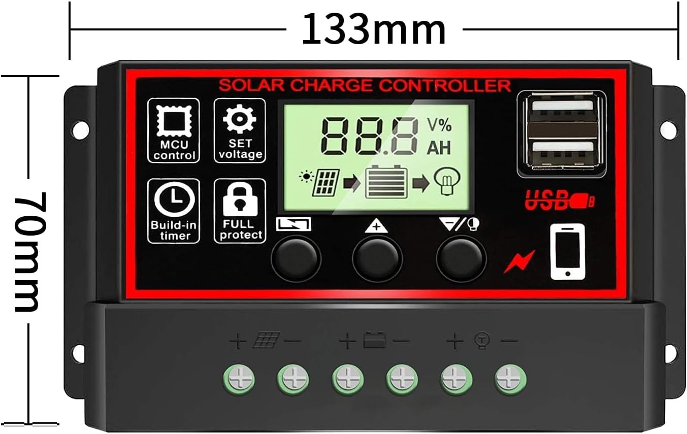 Controlador de carga solar 10A, regulador inteligente de batería de panel solar con pantalla de puerto USB 12V24V (negro)