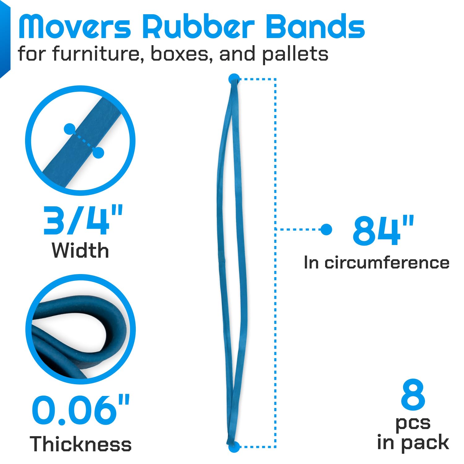 IDL Packaging Bandas de goma fuertes, elásticas y flexibles de 84 pulgadas, paquete de 8, azul, 2 veces de elasticidad, 80% goma natural, bandas de