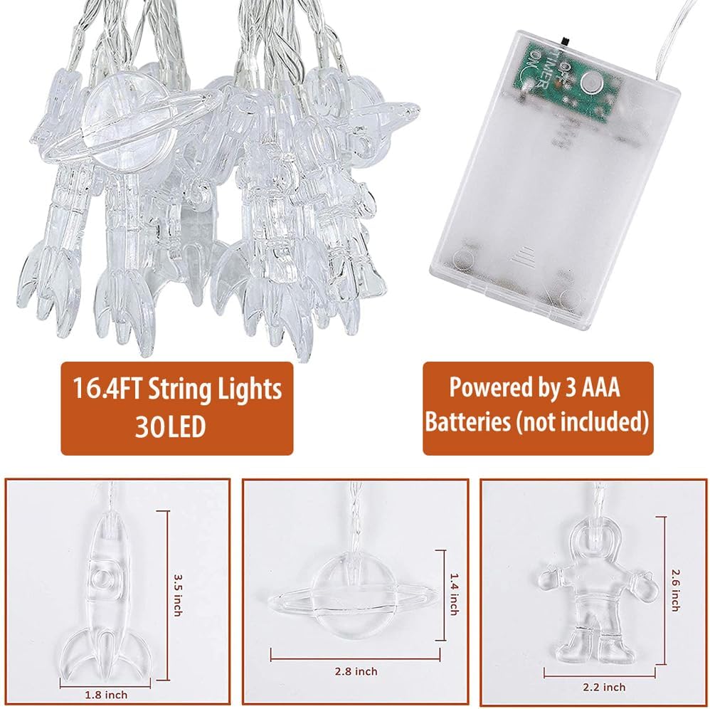 Guirnalda de 30 luces LED para habitación de niños de 16.4 pies, astronauta, nave espacial, cohete, luces temáticas de vacaciones para guardería,