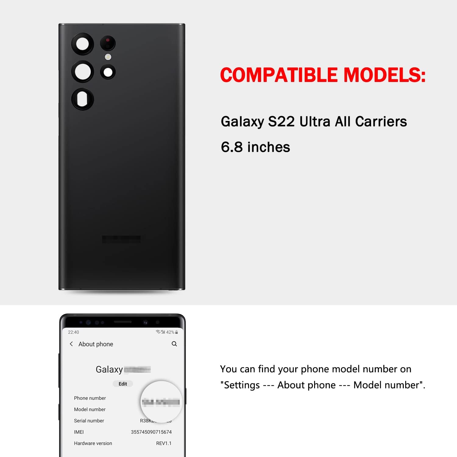 Compatible con Samsung Galaxy S22 Ultra – Carcasa trasera de repuesto de 6.8 pulgadas, SM-G908, todos los portadores con manual de instalación + kit