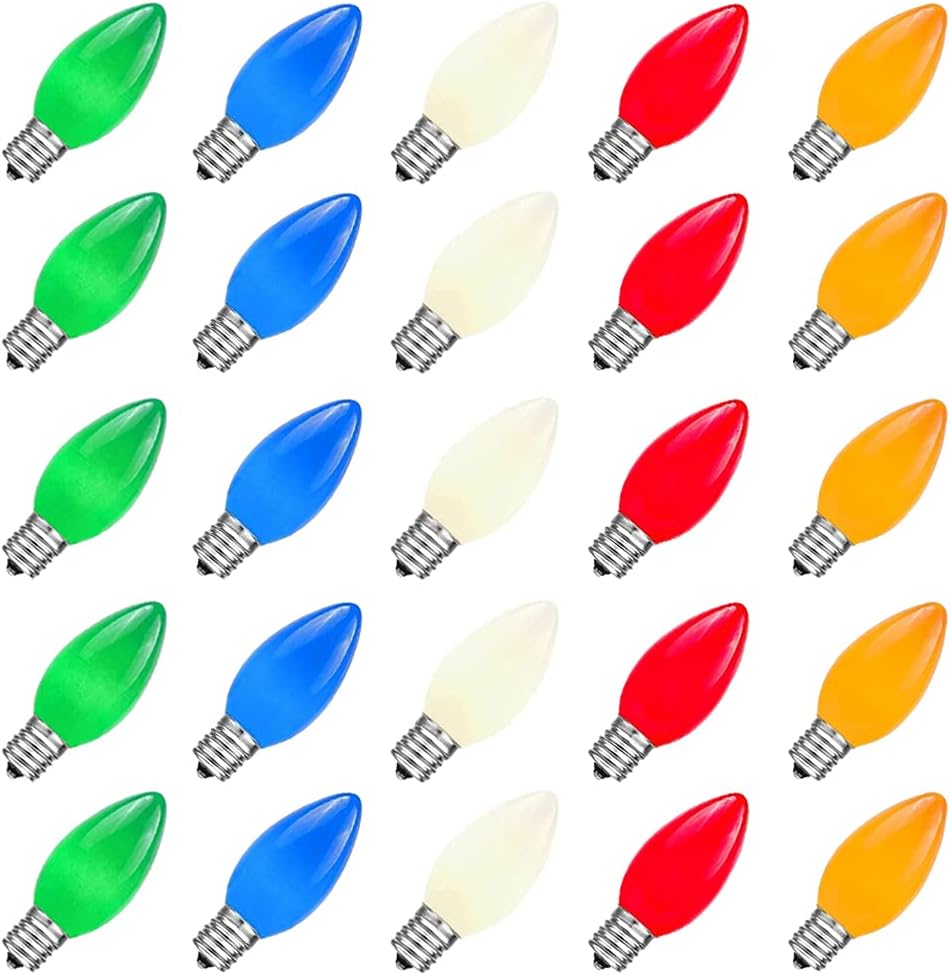 Doratale Paquete de 25 bombillas de Navidad multicolor C9, bombillas de repuesto de cerámica multicolor C9 para cadena de luces de Navidad, base