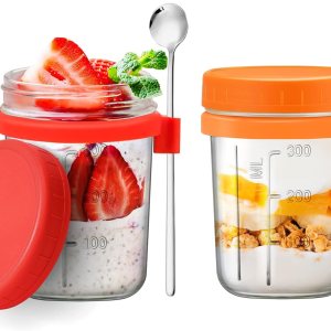 Recipientes de avena con tapas y cuchara, paquete de 2, tarros de vidrio de 16 onzas con tapa hermética para avena durante la noche, preparación de Recipientes de avena con tapas y cuchara, paquete de 2, tarros de vidrio de 16 onzas con tapa hermética para avena durante la noche, preparación de