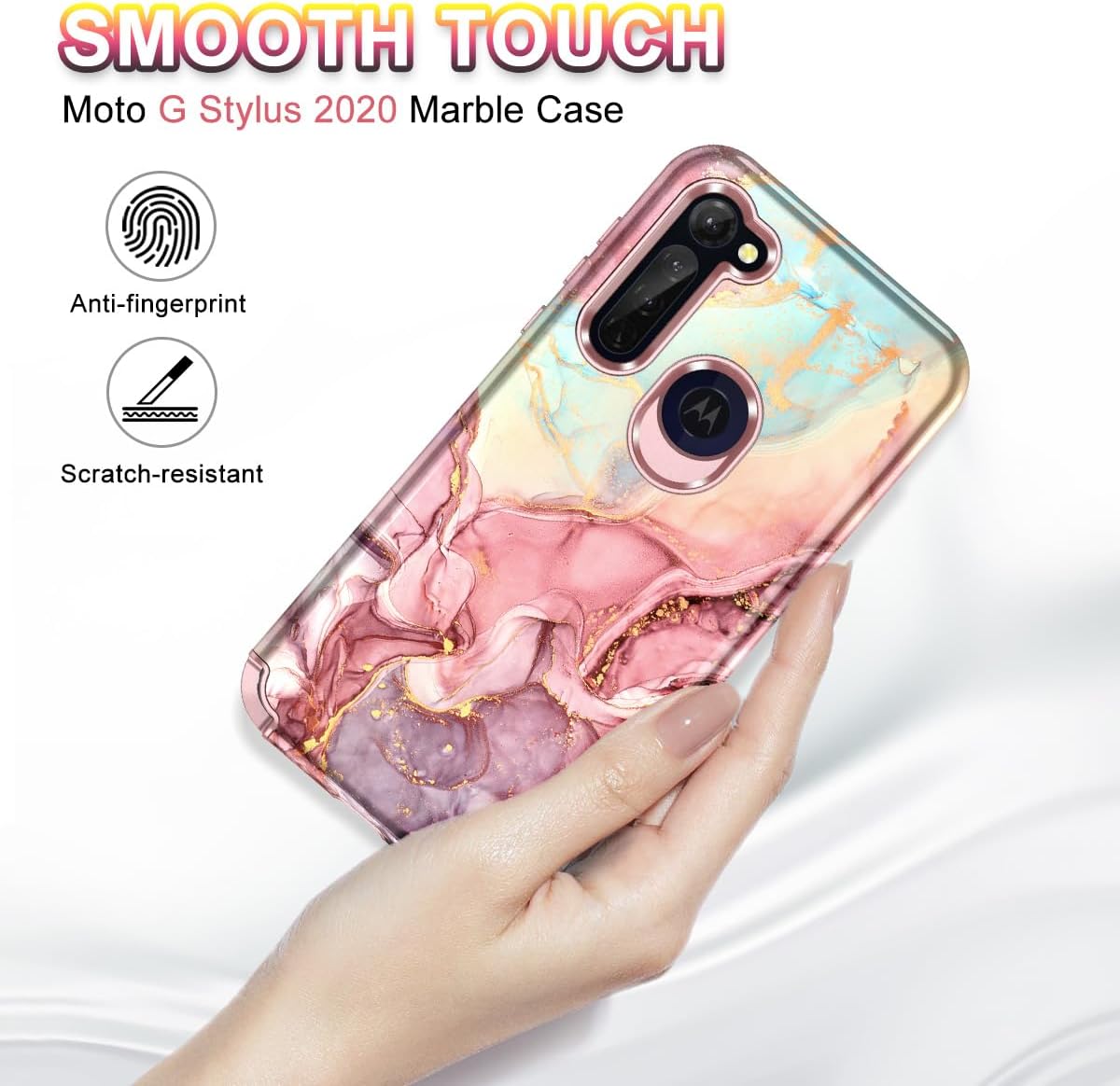 Btscase Funda para Moto G Stylus 2020, resistente de tres capas de mármol, a prueba de golpes, cuerpo completo, policarbonato duro y TPU suave,