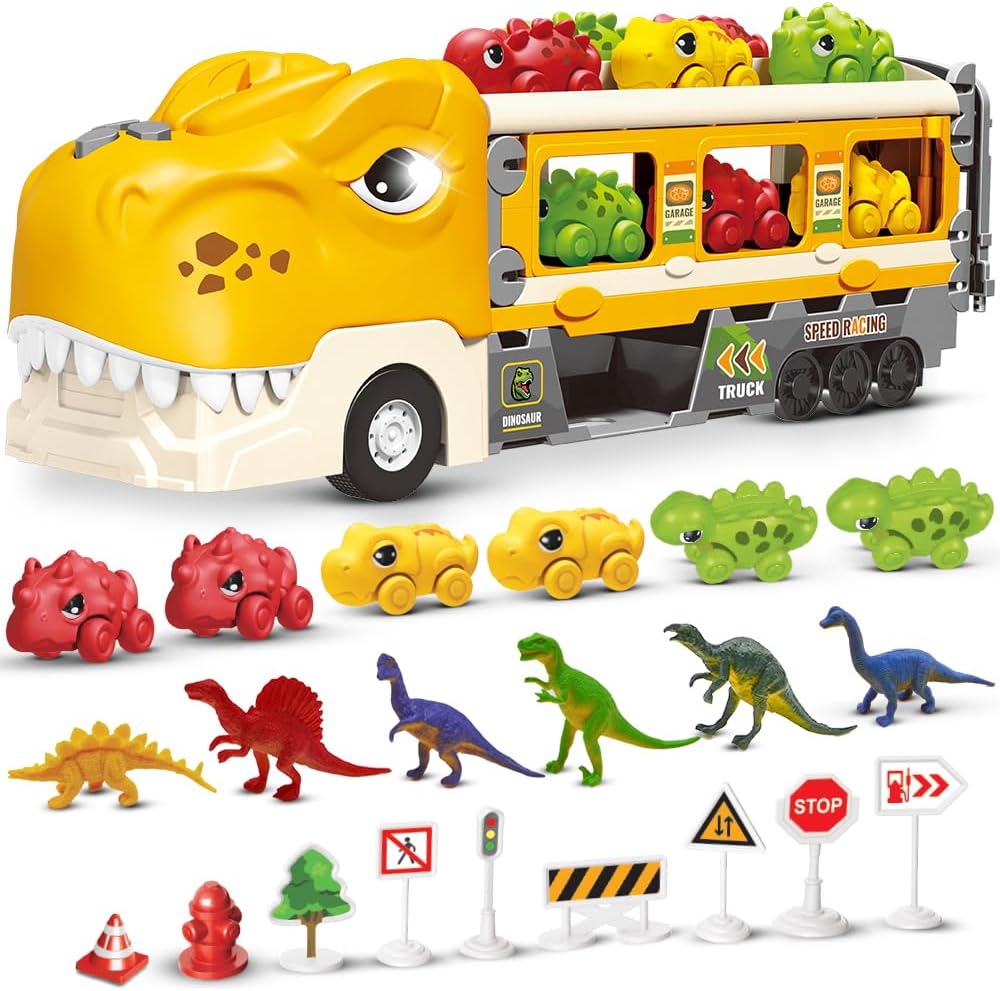 Camión de dinosaurios para niños de 3 a 5 años  Transporte de dinosaurios con pista de carreras plegable y 6 autos de carreras de dinosaurios