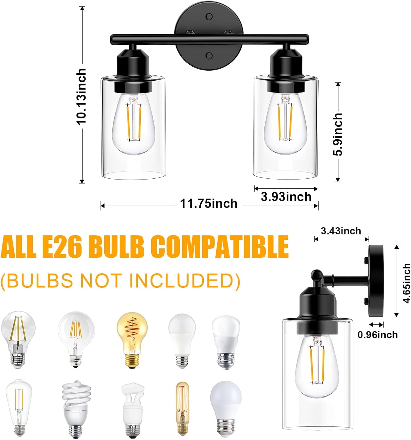 Lámparas de baño, 2 luces de tocador de baño, apliques de pared negros con pantalla de vidrio transparente, luces de pared de baño para espejo,