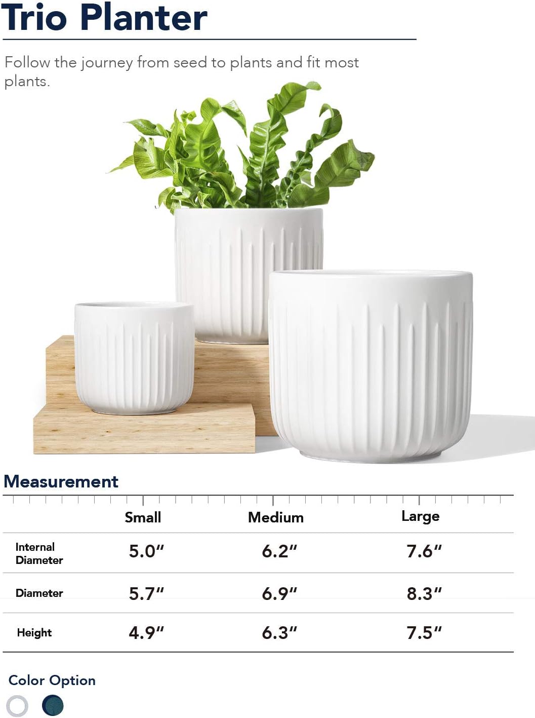 LE TAUCI Macetas de cerámica, juego de 3 macetas para plantas de interior, macetas de 8.3 + 6.9 + 5.7 pulgadas con agujeros de drenaje, macetas