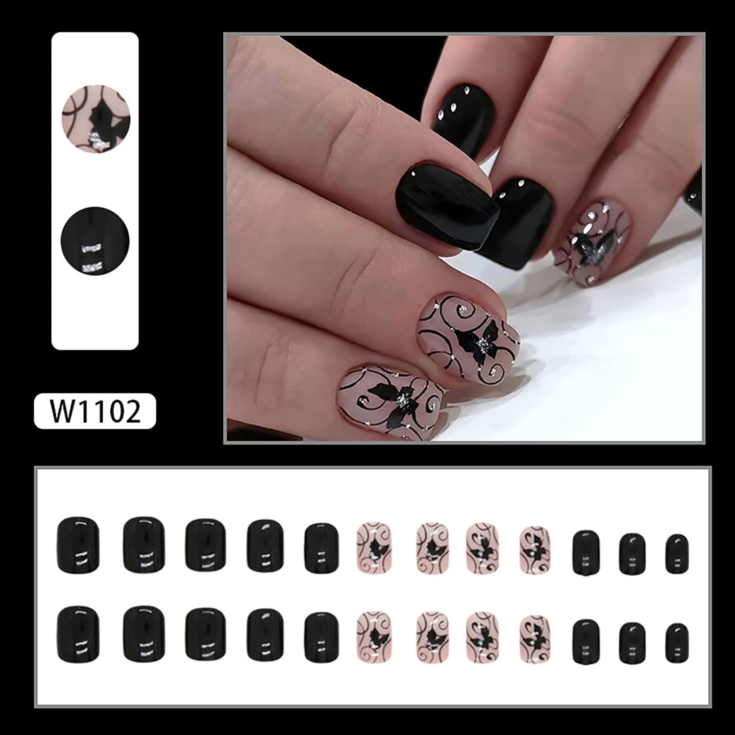 Uñas postizas acrílicas artificiales cuadradas cortas negras con diseño de mariposa de diamantes de imitación, cobertura completa, reutilizables,