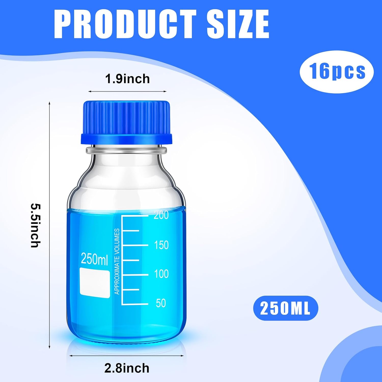 16 botellas de almacenamiento de medios, botella de vidrio de almacenamiento de borosilicato, botella científica redonda graduada con tapa de rosca