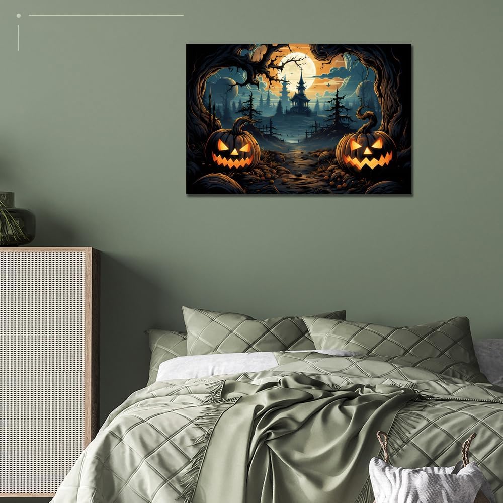 Decoración de muebles de Halloween, farol de calabaza, arte para pared, póster de terror de castillo negro con cara sonriente de calabaza, impresión