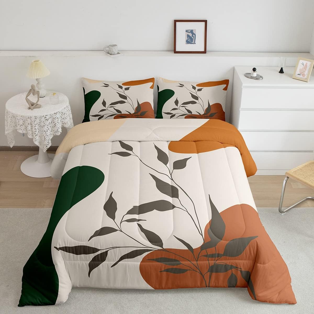 Juego de edredón de hojas, tamaño King, color naranja y verde, juego de ropa de cama para niños y niñas, retro, exótico, arte moderno, abstracto,