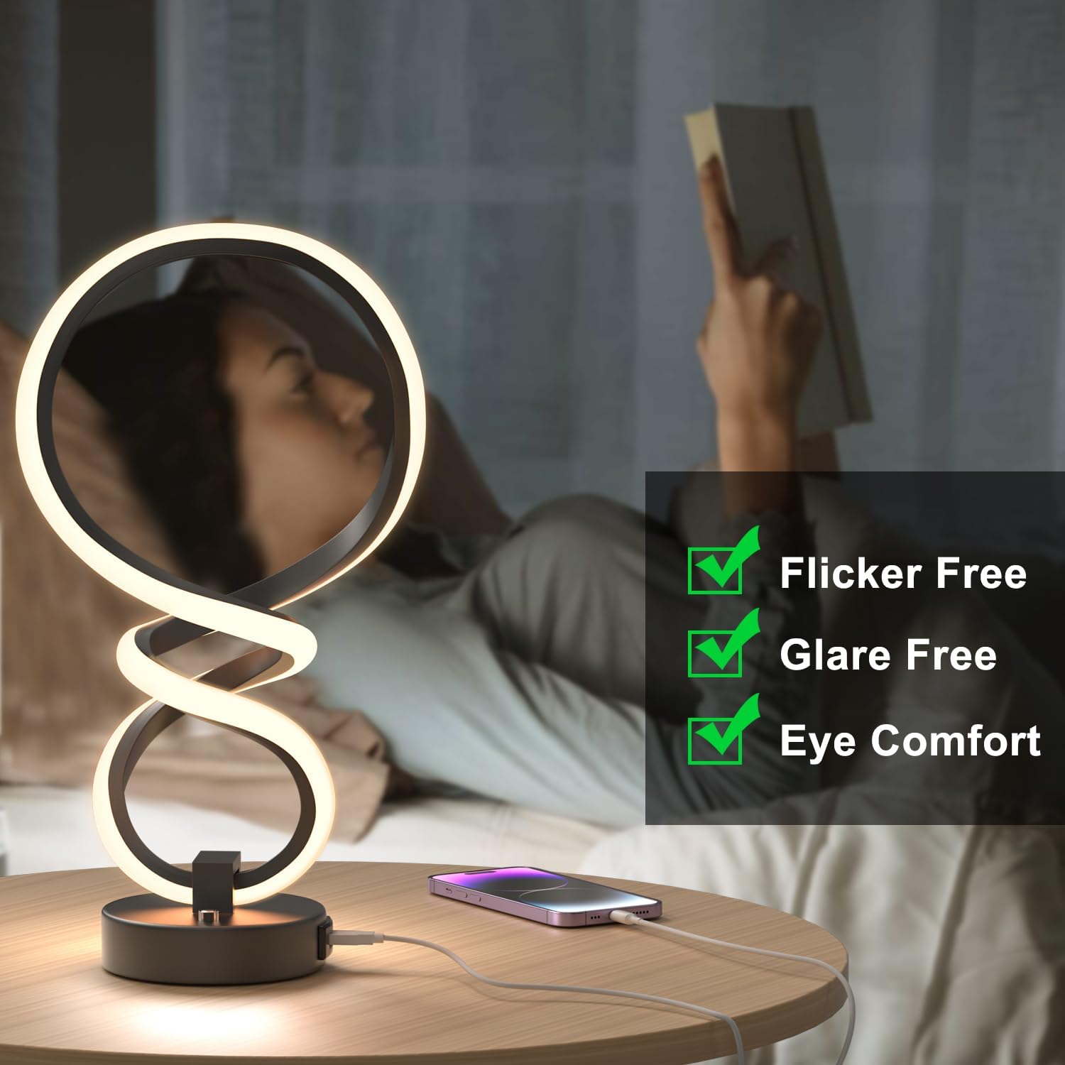 Lámpara de mesa LED moderna, 7 colores y 10 modos de luz, lámparas en espiral, lámpara de mesita de noche RGB regulable táctil con puerto de carga