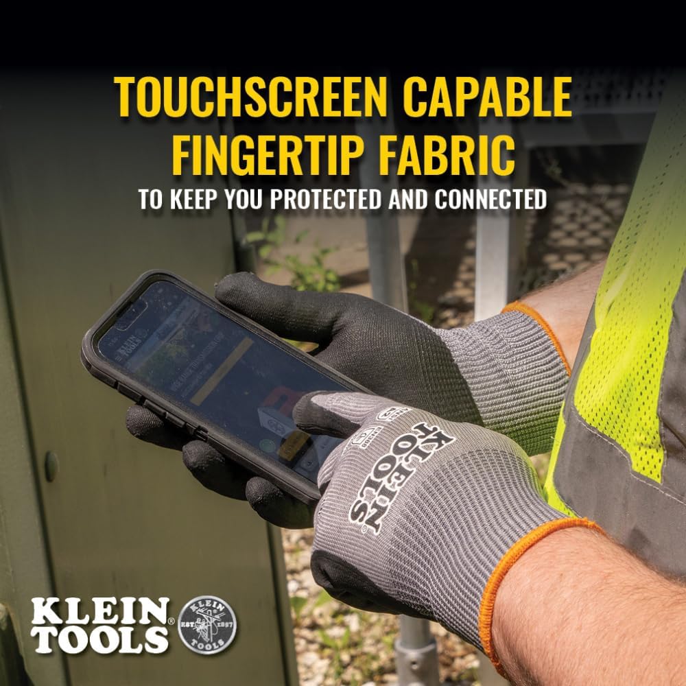 Klein Tools – Guantes de trabajo, guantes de punto resistentes a cortes ANSI A2 recubiertos de nitrilo, tela HPPE, aptos para pantalla táctil