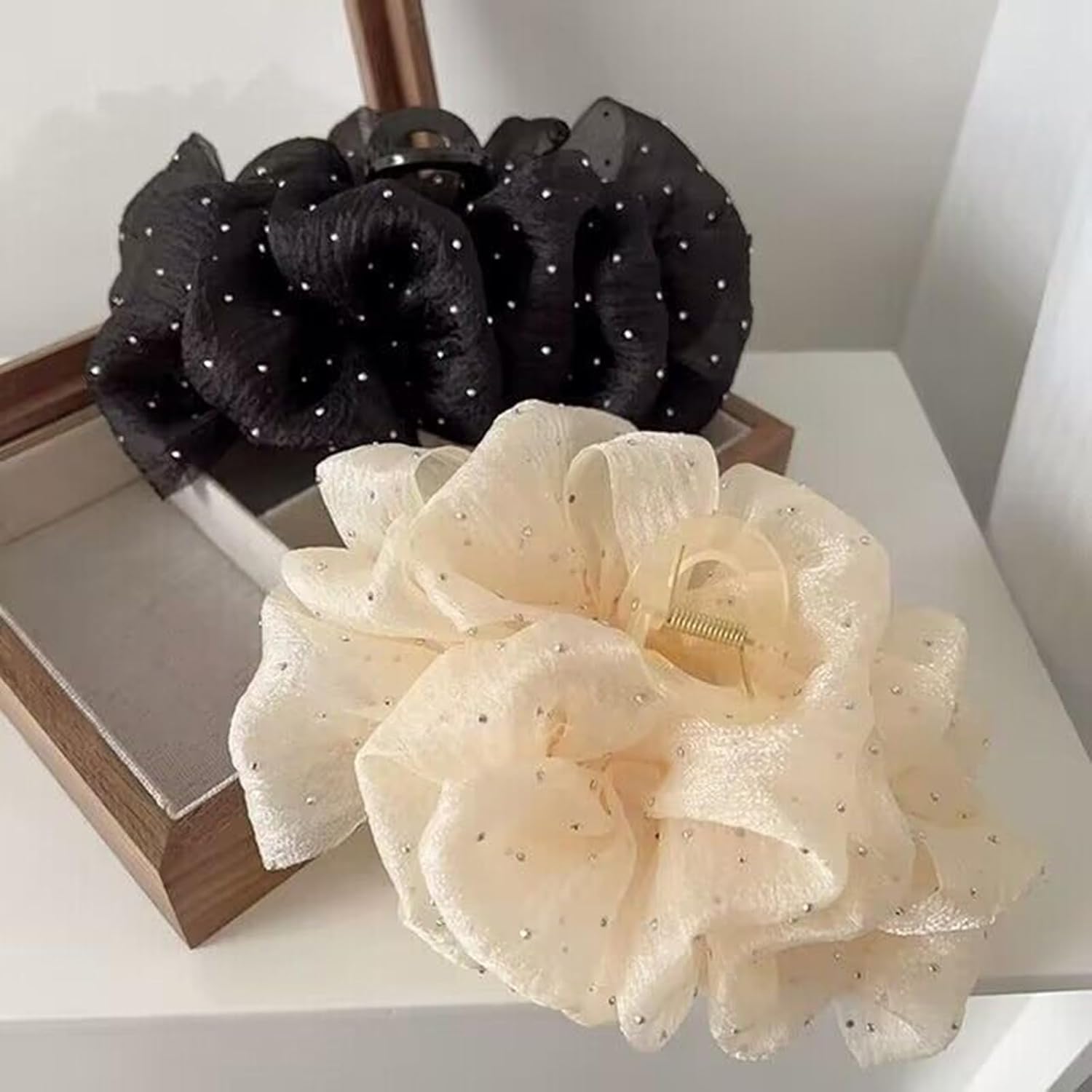 2 pinzas de lazo con diamantes de imitación, pinzas de burbujas de lazo de gasa con nube, garra grande para el cabello, pinzas florales grandes para