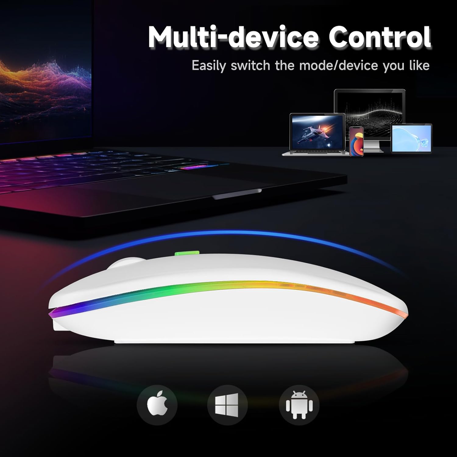 mobiproduct Ratón inalámbrico, LED de modo dual recargable (Bluetooth 5.2 y 2.4G) mouse delgado y silencioso para laptop, PC, computadora,