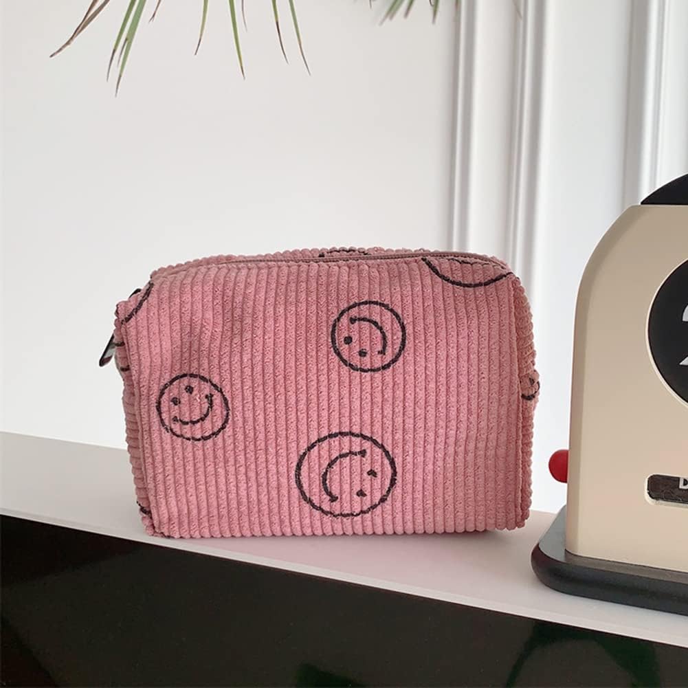 Bolsa de cosméticos de pana, bolsa de maquillaje de cara sonriente, bolsa de maquillaje de preparación para cosméticos, bolsa de aseo estético,