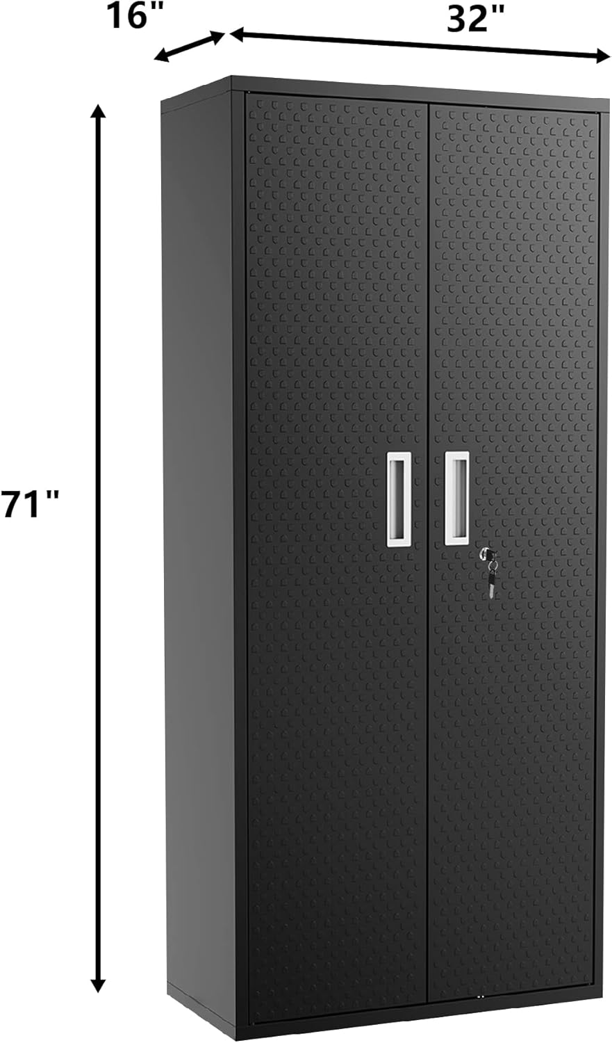 Metal Storage Cabinets Locker for Home Office, 71″ Garage Storage Cabinet with Lockable Door, Adjustable Shelves and Hanging Rod, Steel Wardrobe