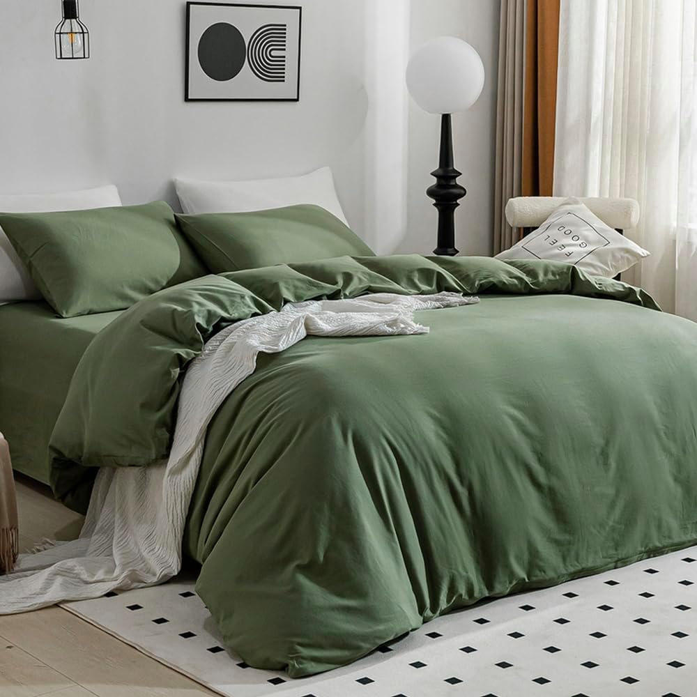 JELLYMONI Funda de edredón verde individual XL, funda de edredón 100% algodón lavado con textura similar al lino, juego de ropa de cama suave y