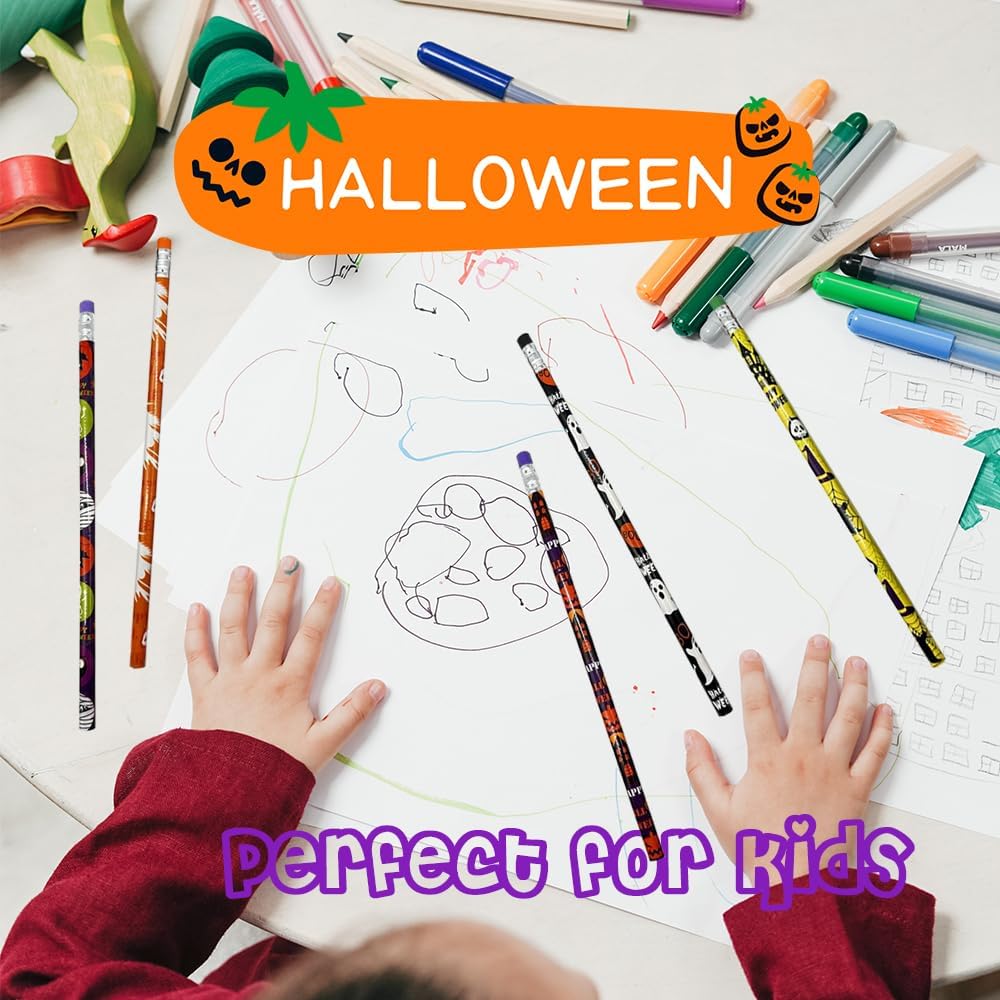60 lápices de Halloween a granel surtidos coloridos con temática de Halloween, fantasma, calabaza, esqueleto, murciélago, araña, lápices de madera