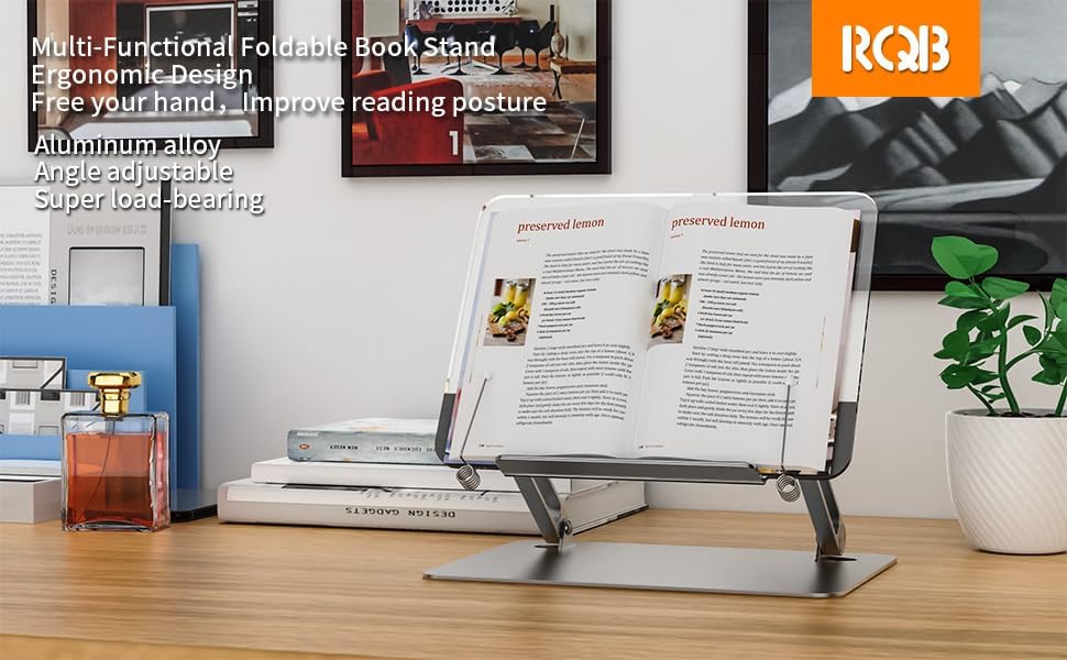 Soporte de acrílico para lectura, soporte ajustable de aluminio con múltiples ángulos y alturas, soporte ajustable para libros y clips de página,