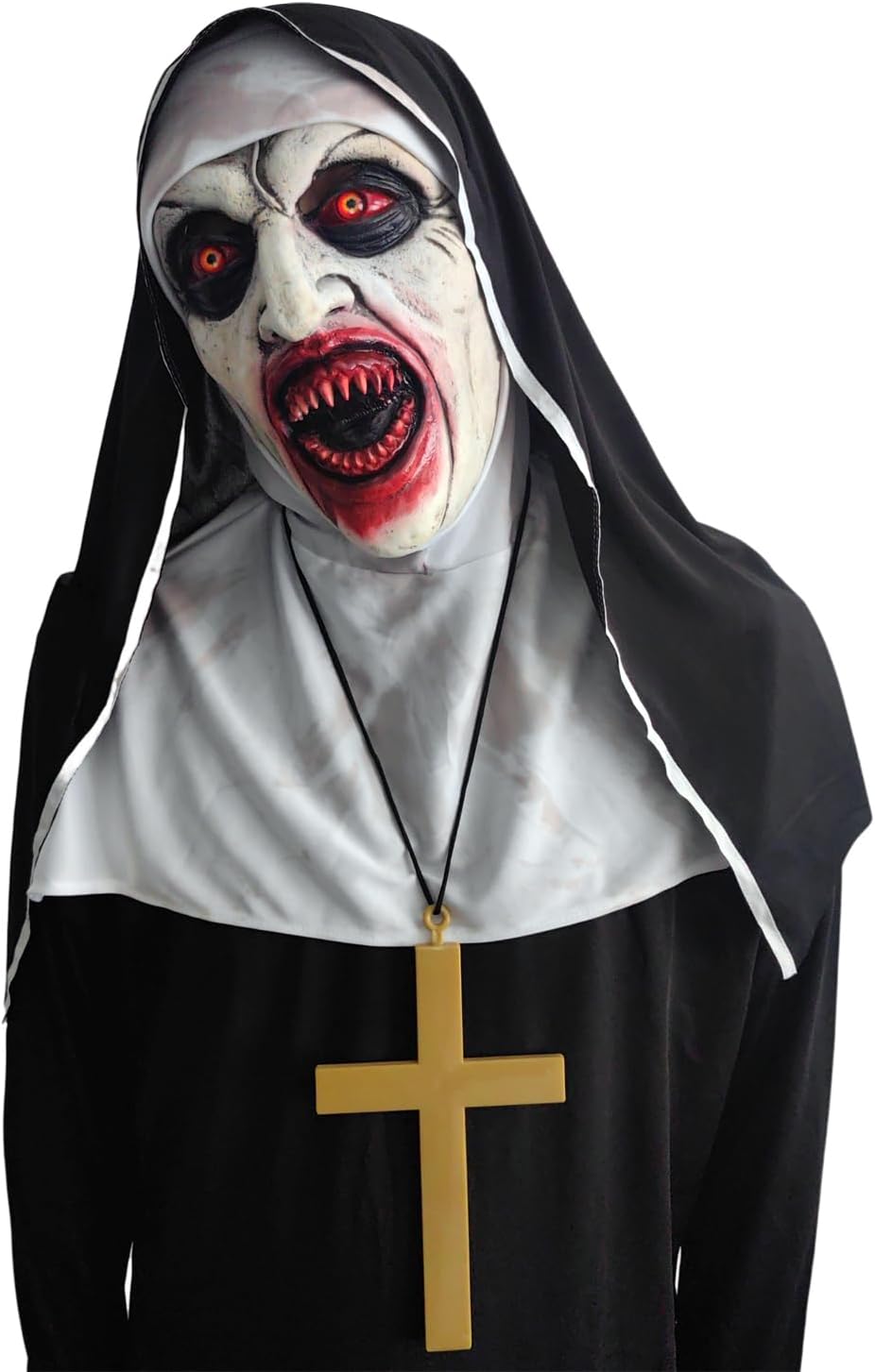 Máscara realista de monja malvada de cabeza completa con collar de cruz, máscara de monja sangrienta aterradora, disfraz de monja de Halloween,