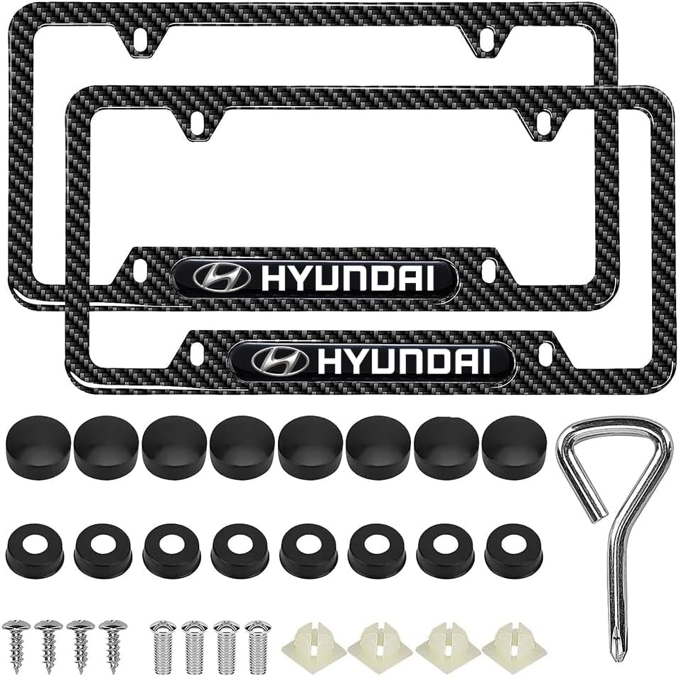 Marcos de matrícula de 4 agujeros de fibra de carbono para Hyundai, paquete de 2 soportes de matrícula de metal de aluminio negro, tornillos de