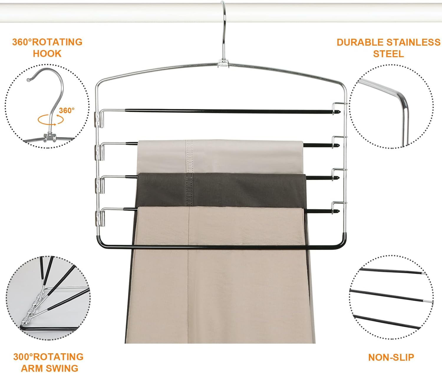 TOPIA HANGER Perchas para pantalones, paquete de 3 perchas que ahorran espacio, antideslizantes, de 5 niveles, con brazo oscilante, para ahorrar