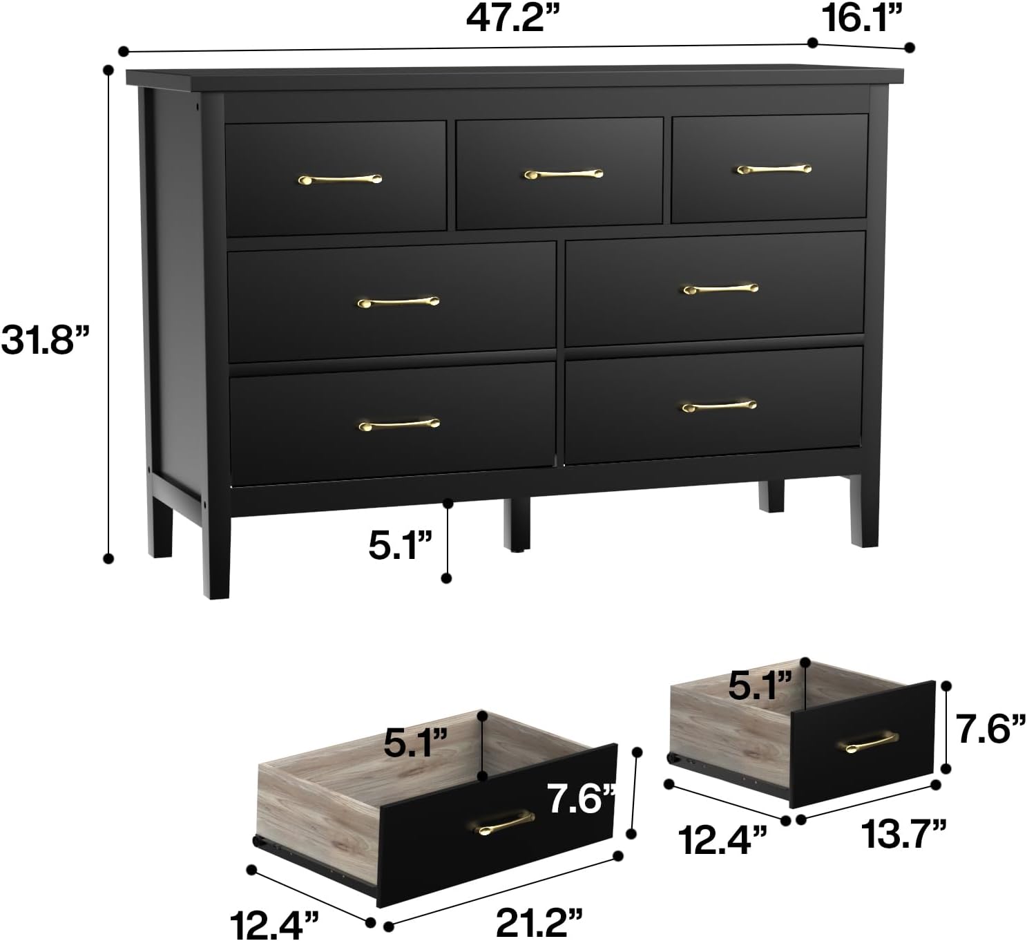 Tradare Cómoda negra para dormitorio, cómoda de 7 cajones con asas Dold, baúl de almacenamiento de madera, cómoda moderna para dormitorio