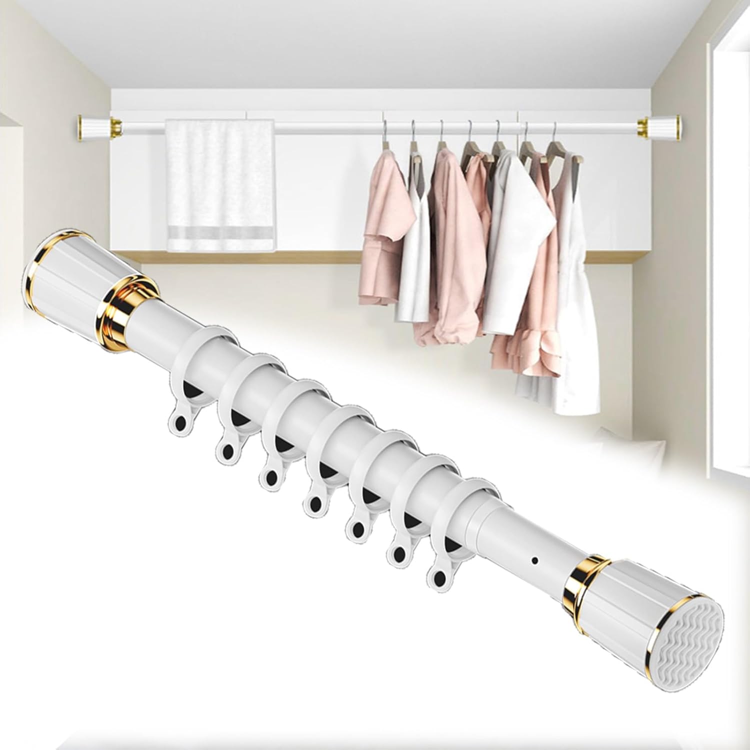 Barra de armario ajustable para colgar ropa, barra de ropa de tensión de 45 a 75 pulgadas, ahorro de espacio sin taladro, barra de armario
