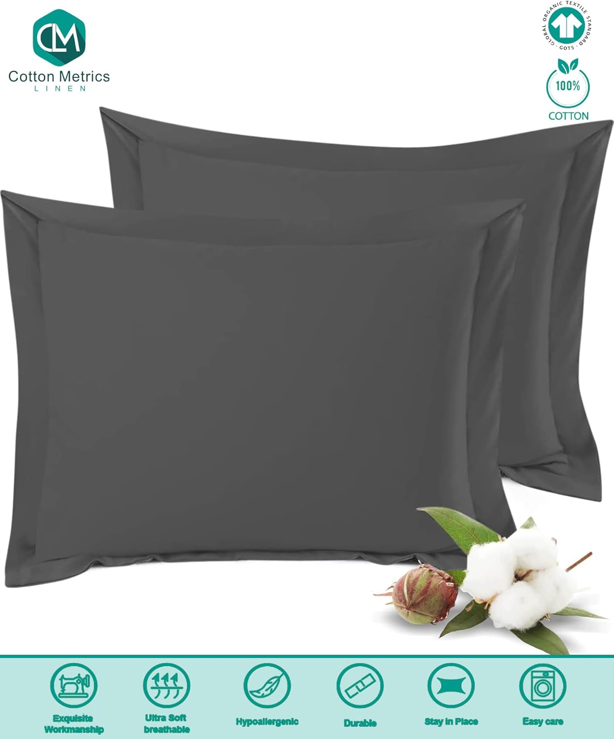 Cotton Metrics – Juego de 2 fundas de almohada cuadradas europeas de alta calidad, color gris, 600 hilos, 100% algodón orgánico, fundas de almohada