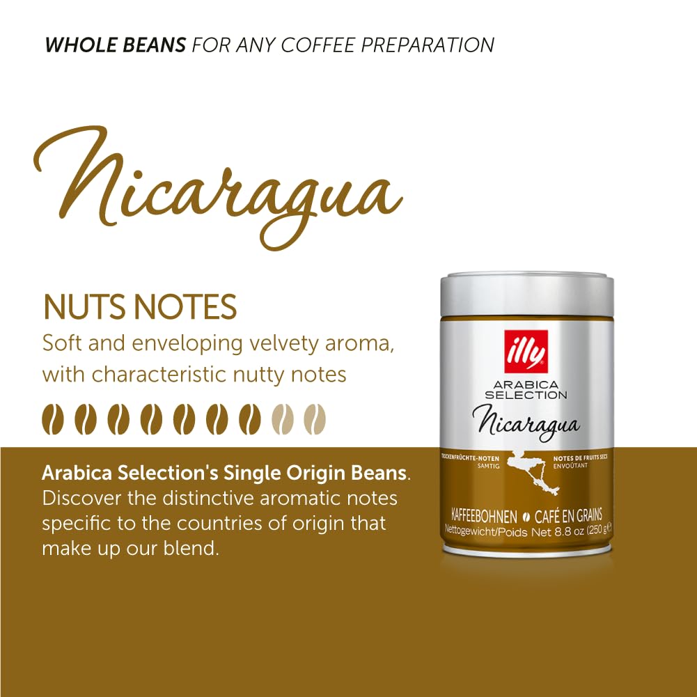 illy Arabica Selections Nicaragua – Café de grano entero, 100% café de grano arábica de origen único, sin conservantes, 8.8 onzas (paquete de 1)