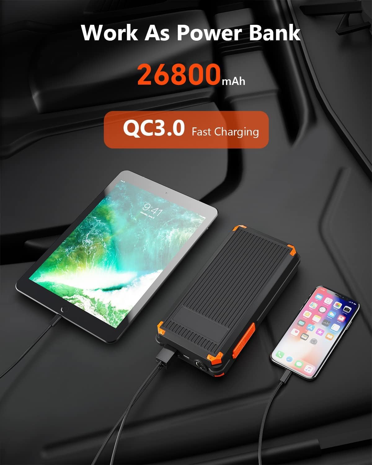 NEOQOQO Arrancador portátil de coche  Caja de arranque de batería de coche 4250A para motor de gasolina de hasta 10L o 8L Diesel, paquete de salto