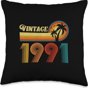 Vintage 1991 Birthday Gift for Men Women 33 Years Retro Palm Throw Pillow Vintage 1991 Birthday Gift for Men Women 33 Years Retro Palm Throw Pillow