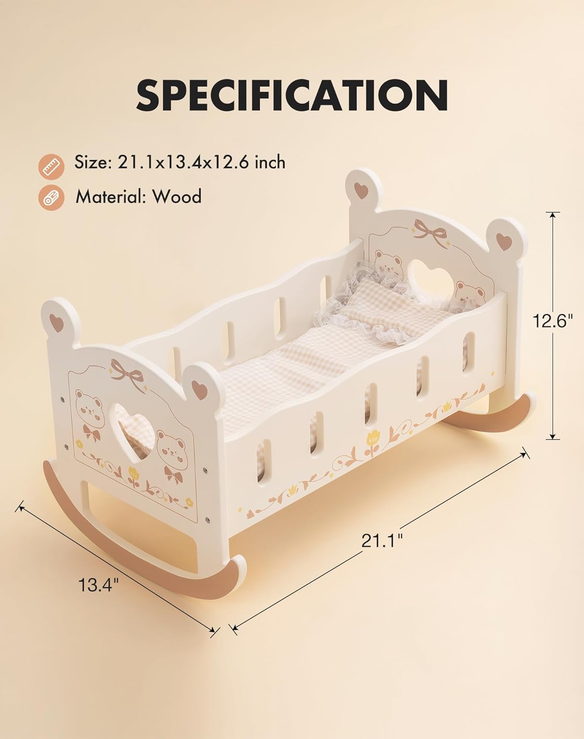 ROBOTIME Cuna de muñeca – Cuna de madera para muñecas  Cama de muñeca  Accesorios para muebles de muñeca  Cuna mecedora para muñecas con ropa de