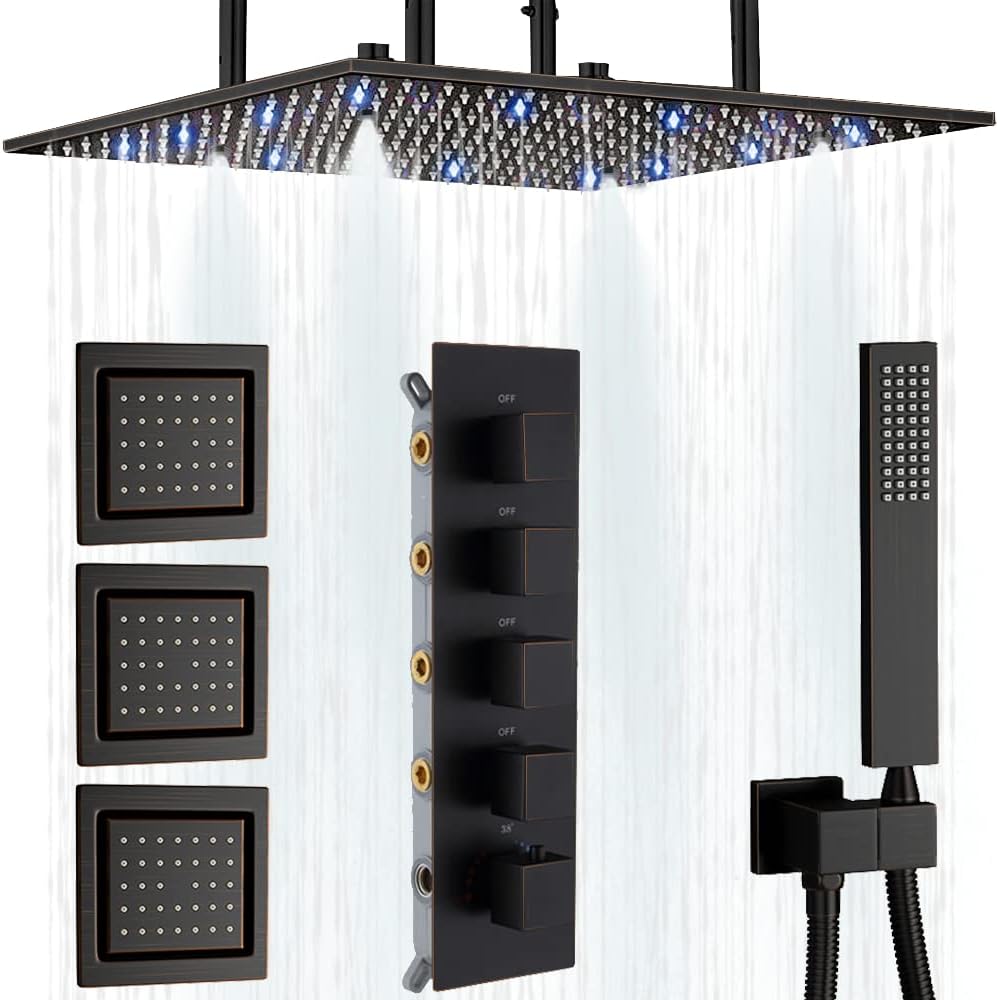 AYIVG Sistema de ducha de bronce aceitado con 3 chorros corporales de baño, cabezal de ducha atomizador de techo LED de 16 pulgadas con ducha de