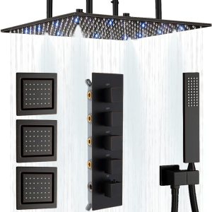 AYIVG Sistema de ducha de bronce aceitado con 3 chorros corporales de baño, cabezal de ducha atomizador de techo LED de 16 pulgadas con ducha de AYIVG Sistema de ducha de bronce aceitado con 3 chorros corporales de baño, cabezal de ducha atomizador de techo LED de 16 pulgadas con ducha de