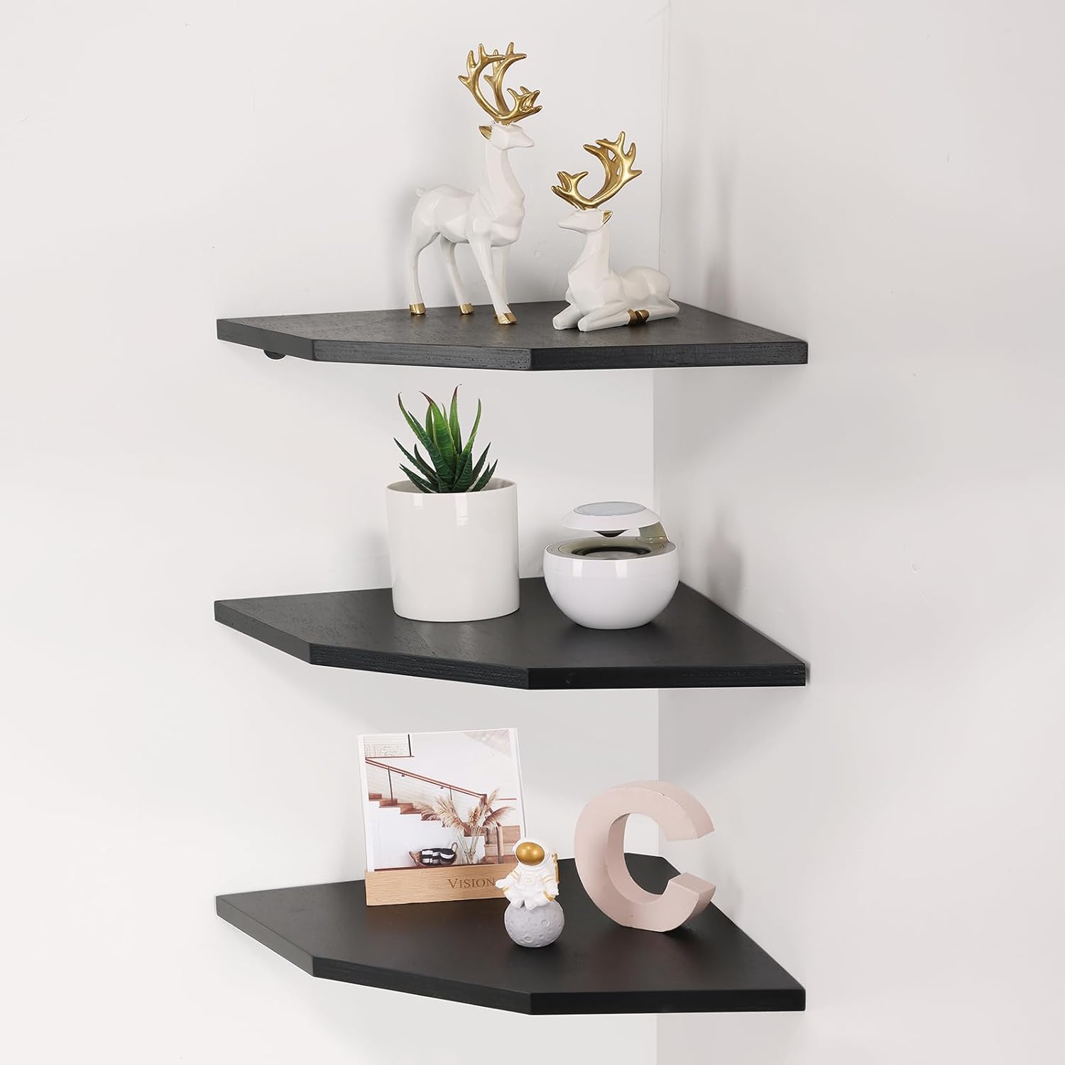 Estantes esquineros de pared, estantes flotantes de esquina de madera con canaleta para cables, exhibición de almacenamiento de montaje en pared