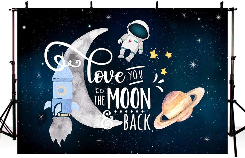 MEHOFOND Telón de fondo Love You to The Moon and Back, decoración de fiesta de baby shower, espacio exterior, cohete astronauta, pastel de