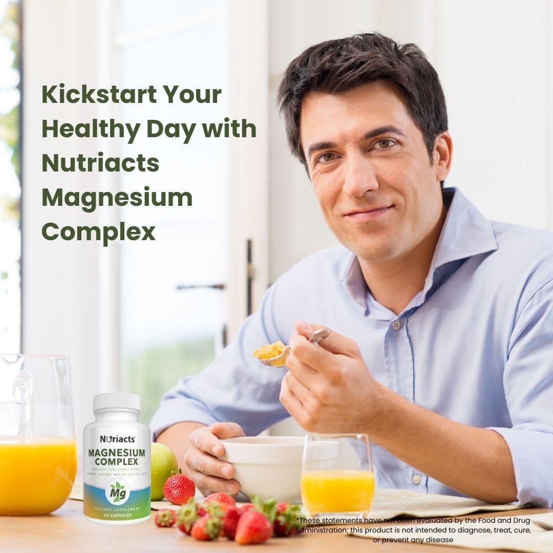 Complejo de magnesio 60 cápsulas energía 4 en 1, estado de ánimo, sueño, apoyo digestivo con aquamina, suave al estómago, fórmula de alta absorción