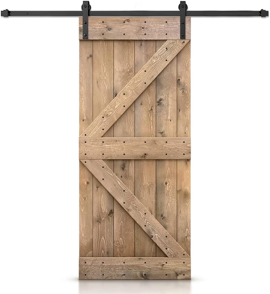 34 pulgadas x 84 pulgadas. Serie K – Puerta corrediza interior de madera teñida de color marrón claro con kit de herramientas