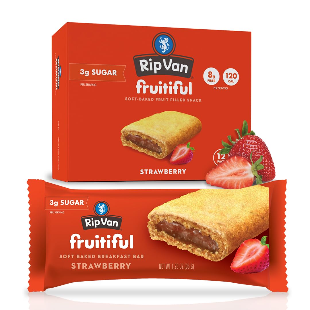 Rip Van Fruitiful – Barras de desayuno con fresas, snack saludable relleno de fruta real, barras de desayuno suaves horneadas, desayuno para niños,
