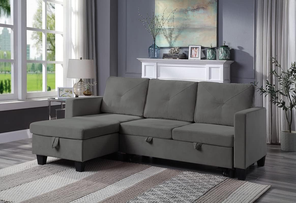 Sofá cama modular convertible en forma de L de 82.5 pulgadas con diván de almacenamiento y cama extraíble, sofá esquinero reversible tapizado de